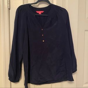 Lilly Pulitzer True Navy Blue Elsa Silk Top Blouse Long Sleeves